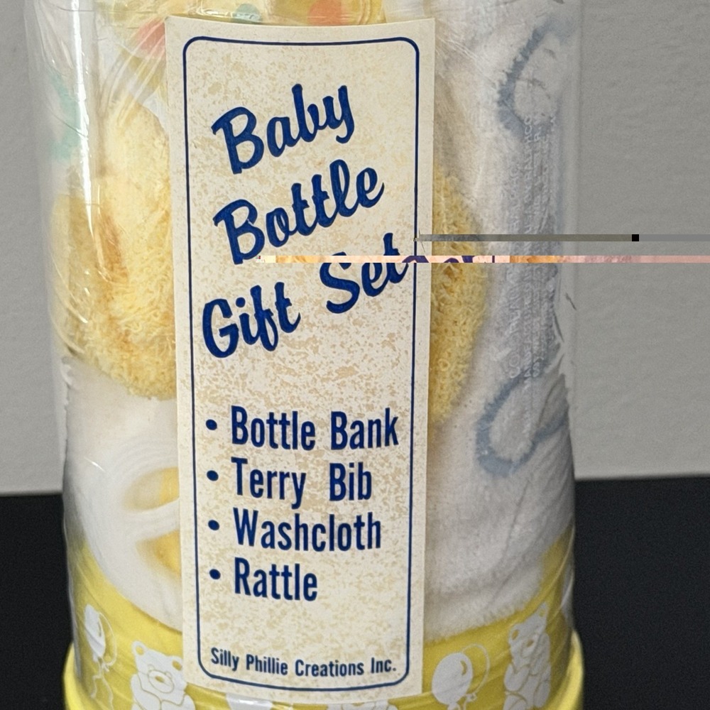 Vtg Silly Phillie Baby Bottle Coin Bank Gift Set Yellow Bib Washcloth Rattle Set - Picture 2 of 6